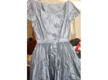 Vintage 1960s Pleated Grey Silk Dress With Boat Neck Collar & Diagonal Buttons