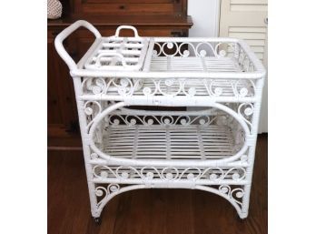 White Wicker Bar Cart With Curlicue Design On Casters