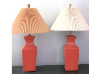 Pair Of Fun 1970s Orange Ceramic Table Lamps With Resin Buddha Finials