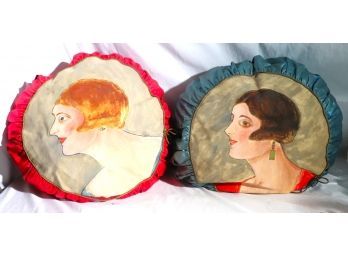 Pair Of Vintage Hand Painted Pillows With Portraits Of Society Ladies