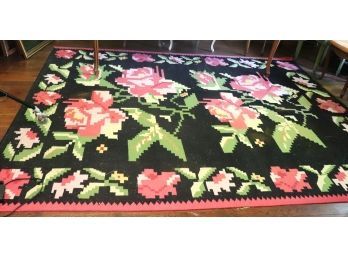 Hand Woven Wool Kilim Carpet With Abstract Pink Roses On Black Background