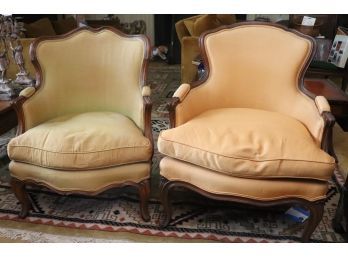 Two Louis XV Style Bergre / Armchairs With Curved Wood Frames & Goldenrod Yellow Fabric