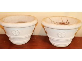 Pair Of Antique Whitewashed Cement Planters With Stylized Cross Design