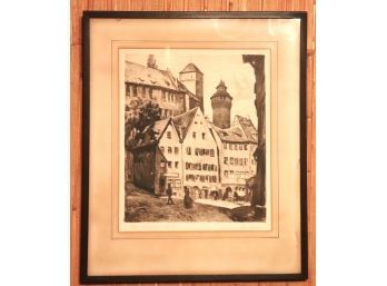 Antique Sepia Toned Print Of Nuremberg Village Signed R. Bach