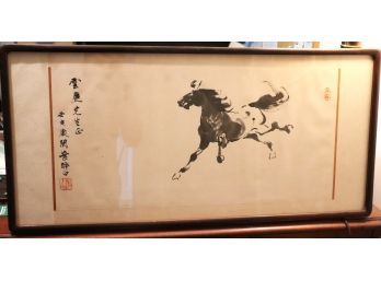 Signed Chinese Watercolor Painting Of Horse & Verses In Ebonized Wood Frame
