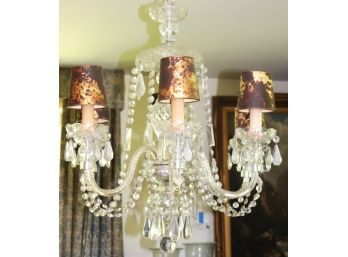 Vintage Crystal Chandelier With 6 Lights & Marbleized Paper Shades