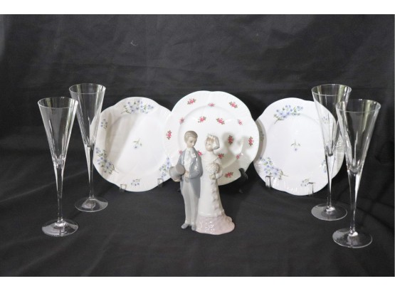 Lladro Bride & Groom Porcelain Figurine & 3 Floral Plates By Shelley England Rosebud 13426, Blue Rock 13591