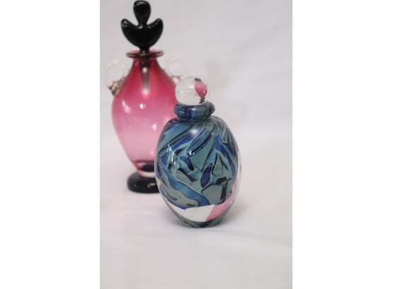 Beautiful/Fun Colored Fragrance Bottles Eiclcholt 91 Blue Art Glass Bottle, Signed Pink Glass Bottle