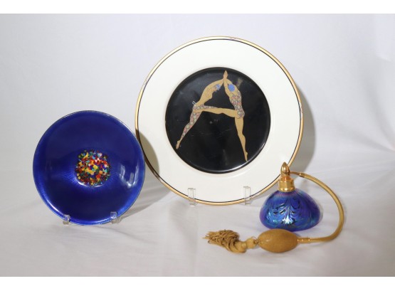 Art Deco Erte Plate Annemarie Davidson Handcrafted Enamel Bowl & Signed Perfume Bottle 1993 Jance New Orleans