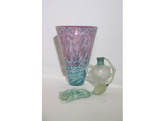Fabulous Hand-Blown Pink & Blue Swirled Vase Signed By The Artist, Includes A Small Frosted Perfume Bottle
