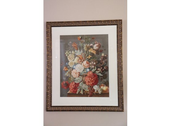 Gorgeous Floral Still Life Print In A Fabulous Embossed Frame With An Antiqued Gilded Finish, Quality Piece
