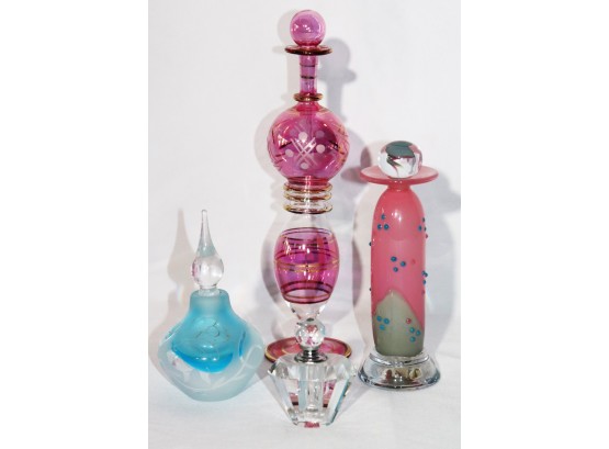 Perfume/Fragrance Bottles Includes A Signed Pink Hand-Blown Perfume Dropper 88 & Signed Blue/Frosted Glass