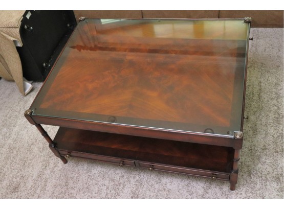 Rich Dark Wood Coffee Table With A Protective Glass Top, Possibly Theodore Alexander Classic Galleries