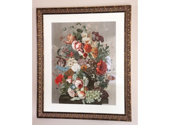 Gorgeous Floral Still Life Print In A Fabulous Embossed Frame With An Antiqued Gilded Finish, Quality Piece