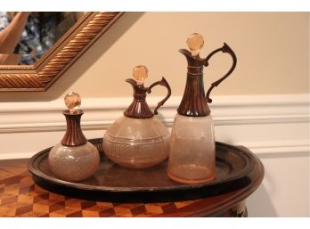 Pretty Oil Rubbed Bronze Finished Tray With Decorative Decanter Bottles