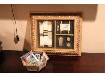 Framed Judaic Shadow Box Signed On Back Includes Pretty Bowl & Blown Glass Candy Dcor