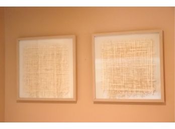 Pair Of Unique Framed Abstract Art Wall Decor Woven Fiber/Paper In A Glass Frame