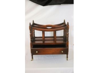 Quality Vintage Wood Magazine Stand With A Drawer For Storage, Brass Casters, Overall, In Good Condition