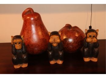 Pier One Ceramic Gourds, Includes A Set Of 3 Caribbean Kids Monkeys, Resin See No Evil
