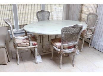 Rustic Country French Style Dining Table & 4 Chairs, Nice Distressed Look- Chairs Are Made With Cane Detailing