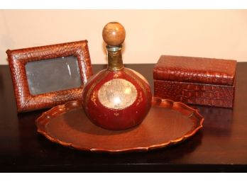 Leather Wrapped Decanter Bottle With Painted Detail, Includes Picture Frame
