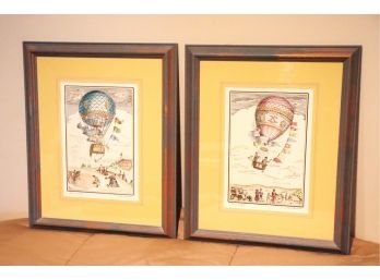 Pair Of Framed Hot Air Balloon Prints In A Yellow Matted Frame