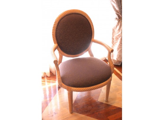 Carved Wood Cork Screw Rope Design Chair With Brown Floral Cushion