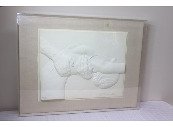 Signed Embossed Art Piece On Linen, Back Of Dancer Being Dipped, In Lucite Frame 220/250