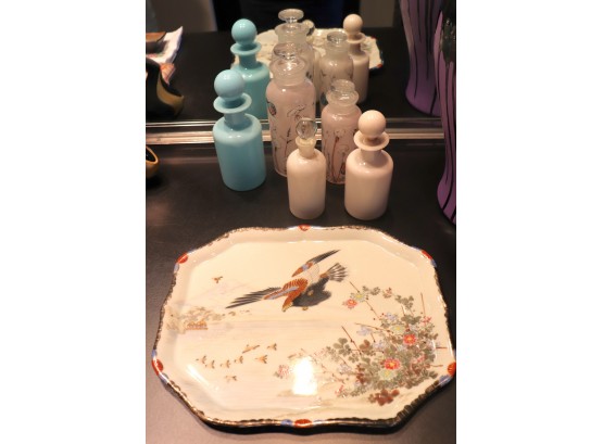 Handpainted Porcelain Platter With Eagle Hunting A Flock Of Sparrows And Decorative Apothecary Jars: ￼