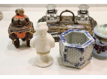 5 Piece Lot Includes Vintage Inkwell, Incense Jar, Canton Porcelain Jar & Mini Stone Bust