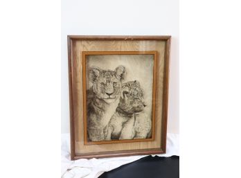 Framed Original Lion Cubs Wildlife Design Photographed On Glass By D. Curry