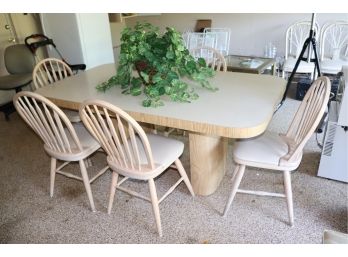 Formica Table With Double Pedestal And 6 Oak Round Back Chairs.