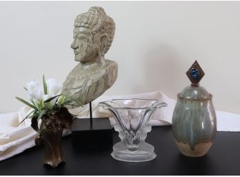 Lot Of Assorted Decorative Items With Carved Wood Buddha Head And Vase In The Style Of Lalique