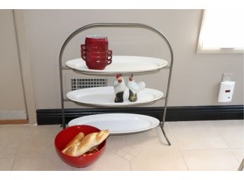 75. 5 Piece Lot. Red, Redwing Vase With Many Handles, 8”, 3 Tier Serving Tray 24” Tall X 29” Wide, Lacquer Red
