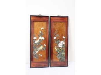 Pair Of Asian Wood Panels With Birds From The 60's Are 35 1/2' Tall
