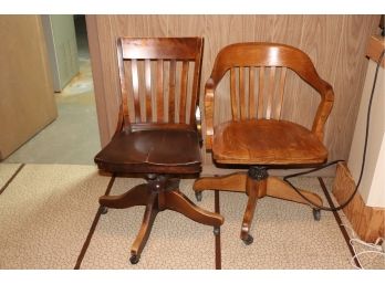 Pair Of Vintage Wood Office Chairs On Wheels.