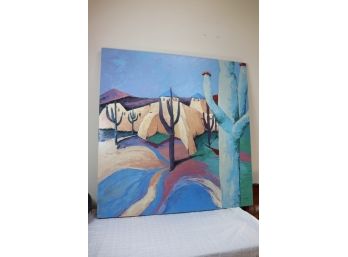 Large Midwestern Oil Painting By Santos Of Desert Cactus With Beautiful Bright Colors