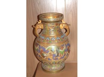 Oversized Brass And Cloisonné Vase With Elephant Head/task Handles