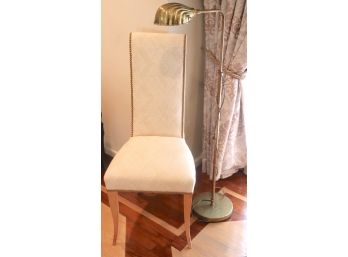 Tall Slim Pin Back Cushion Chair With Vintage Brass Clam Shaped Dome Floor Lamp