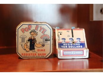 Vintage Children's Pocket Size Toy Banks, Popeye And Register Dime Bank