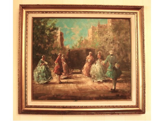 Antique French Style Painting On Canvas In Gold Ornate Frame With Cream Mat