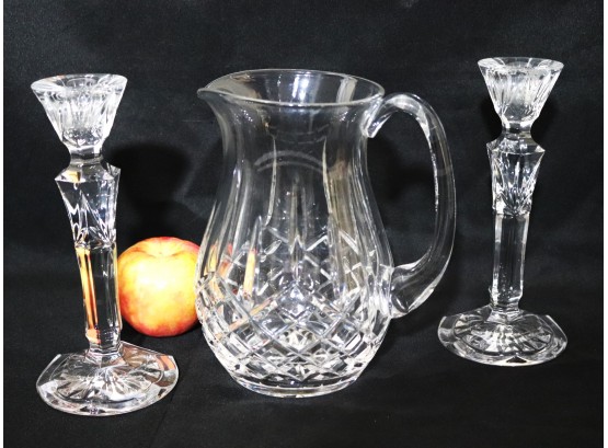 Waterford Crystal Pitcher & Waterford Style Crystal Candlestick Pair