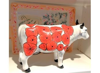 Painted Ceramic Bull Coin Bank & Hand Painted Tuscan Scene Ceramic Tray
