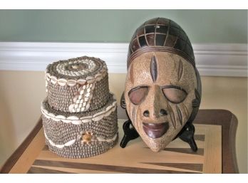 African Wood Mask Sculpture & Pair Of Round Seashell Encrusted Boxes