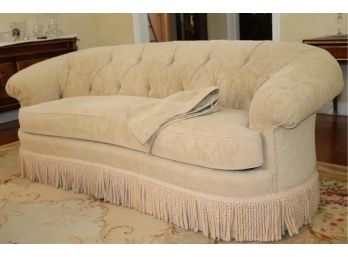 Custom Kravet Fine Upholstered Curved Back Sofa With Roll Arms & Button Tufted Back
