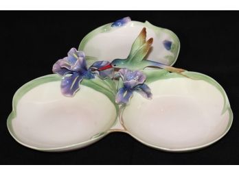 Fine Porcelain Hummingbird & Iris Detailed 3 Bowl Candy/Nut/Jam Platter By Franz