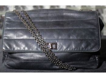 Vintage Chanel Quilted Black Leather Handbag With Linked Metal Chain Straps