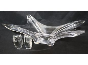 Amazing Crystal Centerpiece Sculpture & Pair Of Crystal Owls