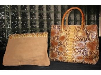 Exotic Genuine Python Leather Tote Bag With Coordinating Suede Clutch