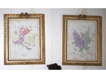 Pair Of Floral Garden Delights Prints In Gilded & Faux Painted Frames